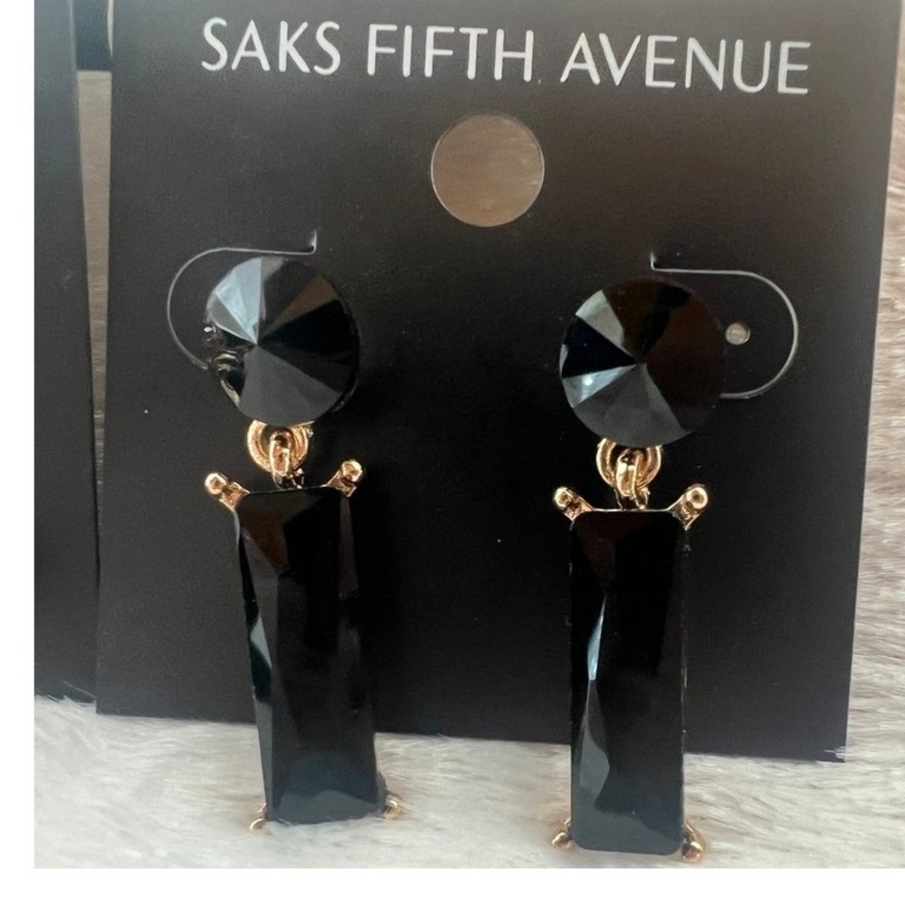 Saks Fifth Avenue Earrings 2 Pair Black Gold Crystal Rhinestone NWT Glam Evening - Picture 3 of 13